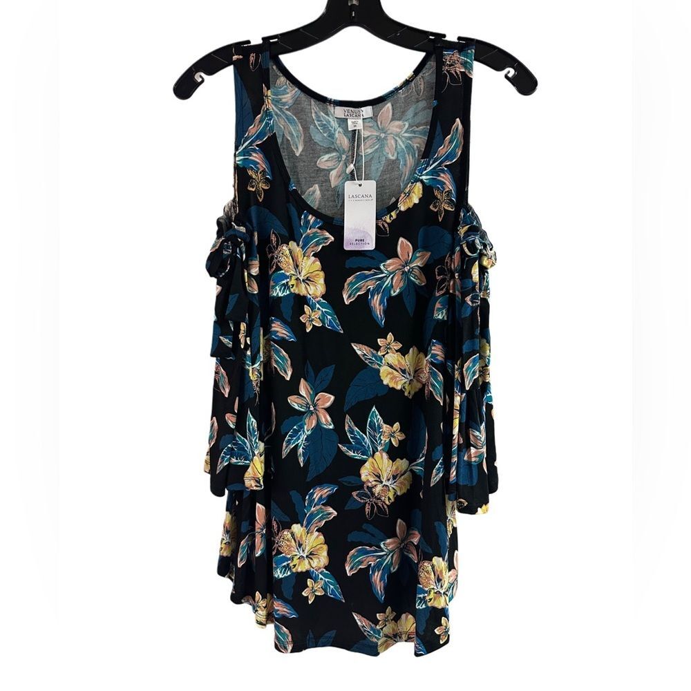NWT Venus Lascana Black Floral Cold Shoulder Top Size M
